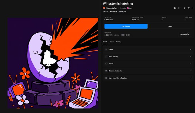 A digital NFT listing for "Wingston is hatching" by Wingston by Rally on a cryptocurrency marketplace, showing a 0.014 WETH top offer on a vibrant illustration of a hatching purple egg surrounded by flowers and retro computers against an orange starburst—representing the newly minted Wingston NFT that ties to GenLayer's $RLP token rewards.
