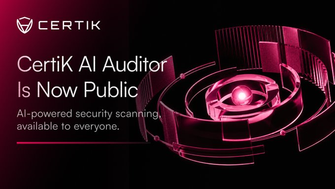 The image is a promotional graphic for CertiK featuring their logo and the announcement "CertiK AI Auditor Is Now Public" with the tagline "AI-powered security scanning, available to everyone," accompanied by a futuristic pink and black abstract design. The graphic visually reinforces the post's message by highlighting the public availability of CertiK's new AI-powered code security scanning tool, accessible at aiauditor.certik.com.