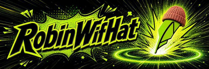A vibrant green and black logo featuring the text 'RobinWifHat' with a cartoon pencil character wearing a pink beanie emerging from a green glowing portal.