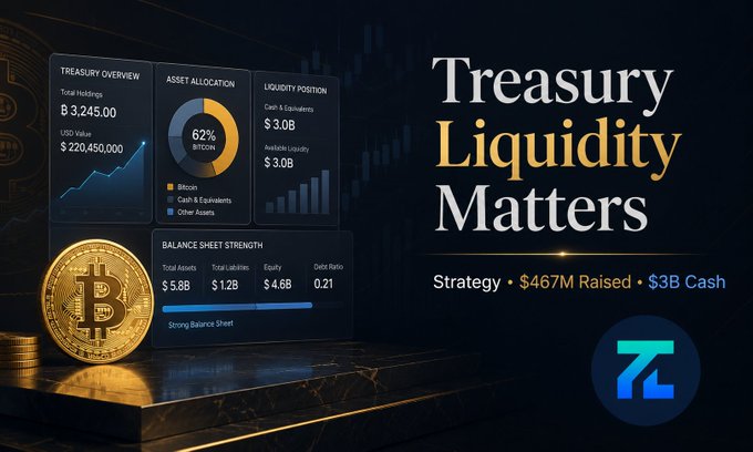 A dark-themed graphic titled "Treasury Liquidity Matters" displays Strategy's financial dashboard panels showing $3.0B in total holdings, a 62% Bitcoin asset allocation, $3.0B liquidity position, and balance sheet figures ($5.8B assets, $4.6B equity), alongside the key callouts "$467M Raised" and "$3B Cash" — visually reinforcing the post's message that Strategy bolstered its cash reserves via equity issuance without selling any BTC.