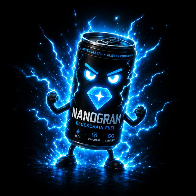 The image features a black can of NANOGRAM energy drink with blue lightning bolts surrounding it, giving it an energetic and dynamic appearance. The text "NANOGRAM" is prominently displayed at the top of the image, while the word "BLOCKCHAIN" is written below it. The can also has a cartoon character on its side that appears to be running or jumping around in front of the blue lightning bolts. This playful design and the use of bright colors make the energy drink stand out and catch the viewer's attention.