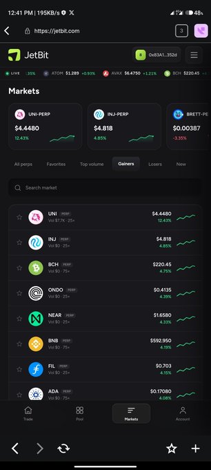 A screenshot of the JetBit perpetual DEX interface (jetbit.com) showing live market data with top gainers including UNI-PERP at $4.4480 (+12.43%), INJ-PERP at $4.818 (+4.85%), and BRETT-PERP at $0.00387 (-3.35%), illustrating the platform's single-pool oracle-priced trading model where users can deposit USDT to become counterparties to trades.