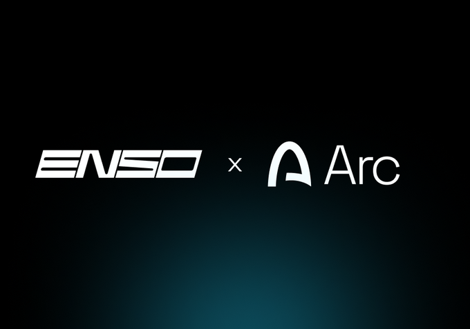The image features a sleek black background displaying the "ENSO x Arc" logo collaboration, with Enso's stylized text logo on the left and Arc's distinctive arch symbol with name on the right, separated by a multiplication-style "x." This visual represents the partnership announcement for Enso's launch on Arc Mainnet on September 16th, highlighting the integration of DeFi capabilities like cross-chain liquidity movement, swaps, and leveraged strategies.