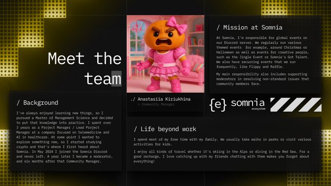 The image features a "Meet the team" profile page for Anastasiia Kiriukhina, Community Manager at Somnia, showcasing her pink bow-wearing character illustration alongside sections detailing her background in Management Science and project management, her mission at Somnia involving Discord events like "Jingle Event" and "Somnia's Got Talent," and her personal interests outside of work.