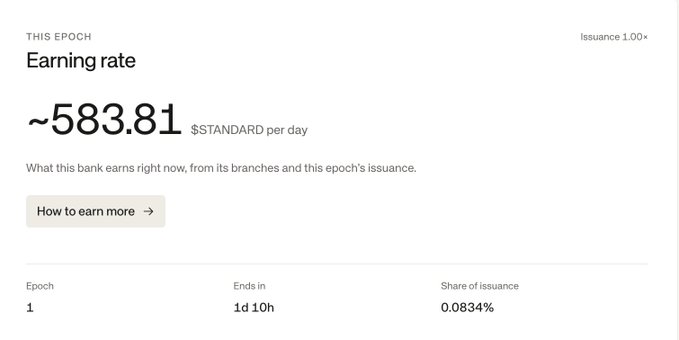 A screenshot displaying 'THIS EPOCH', 'Earning rate', '~583.81 $STANDARD per day', 'Issuance 1.00+', 'How to earn more', 'Epoch 1', 'Ends in 1d 10h', and 'Share of issuance 0.0834%'.