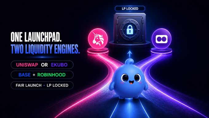A crypto promotional graphic titled 'ONE LAUNCHPAD. TWO LIQUIDITY ENGINES' features a blue mascot character and lists options for Uniswap or Ekubo, Base + Robinhood, and Fair Launch with LP Locked.