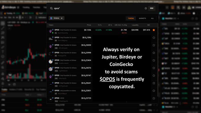 A cryptocurrency tracking interface (Birdeye) displaying search results for 'opos' on the Solana network, with a warning that '$OPOS is frequently copycatted' to avoid scams.