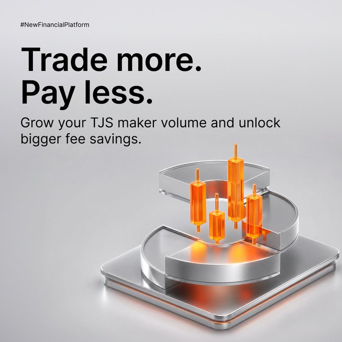 A promotional graphic for Bybit's new financial platform features the headline "Trade more. Pay less." with the hashtag #NewFinancialPlatform, alongside text promoting TJS maker volume growth and fee savings. The accompanying caption explains that Bybit is offering fee rebates for TJS P2P makers, including tiered rebates, a $3,000 fee cap challenge, and a fee-free first order for new users.