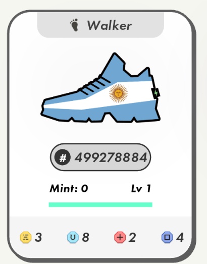 A StepN Walker sneaker NFT card featuring the Argentina flag design, #499278884, Mint: 0, Lv 1, with attributes including 3, 8, +2, and 4.