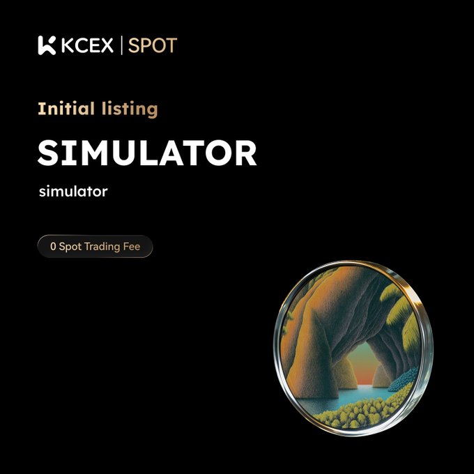 A promotional graphic for KCEX SPOT cryptocurrency exchange advertising an initial listing called 'SIMULATOR' with zero spot trading fees, featuring a circular illustration of a cave with greenery and water.