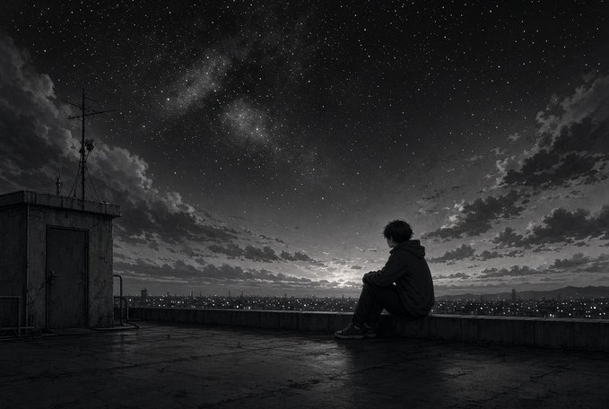 A black and white anime-style illustration depicts a lone figure sitting on a rooftop ledge, gazing out at a starry night sky filled with clouds and a distant city skyline.