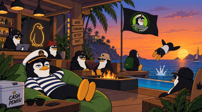 A vibrant cartoon illustration of penguins at a tropical beach club at sunset, with a flag reading 'CASH PENGU' and signs saying 'GOOD PENGUINS' and 'BETTER DAYS'.