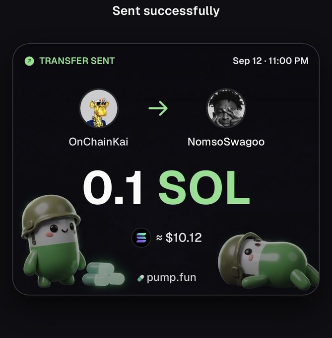 A mobile app confirmation screen shows 'Sent successfully' for a 'TRANSFER SENT' of '0.1 SOL' (approximately $10.12) from 'OnChainKai' to 'NomsoSwagoo' via 'pump.fun', timestamped 'Sep 12 · 11:00 PM'.