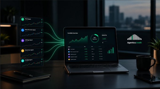 A professional product visualization showing the Agentics.credit platform on a laptop with a portfolio overview, connected to multiple agent performance cards, with the company logo displayed on the right.