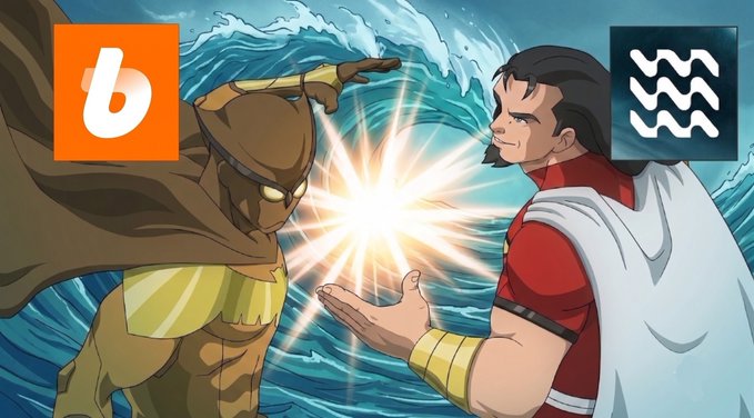 A comic-style illustration shows two costumed figures meeting hands in a bright burst of light over ocean waves, with Beats and Squidward logos in the corners.