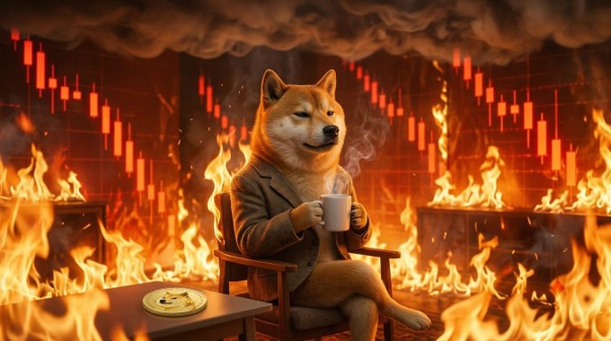 A meme depicting a Shiba Inu dog (Doge) wearing a suit and calmly sipping coffee amidst a fiery financial chart crash background.