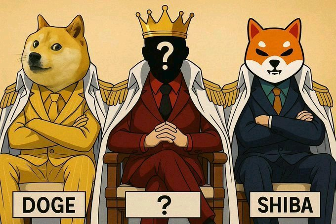 The image depicts three crowned figures seated on thrones: a yellow Doge on the left, a Shiba Inu on the right, and a mysterious figure with a question mark face in the middle, all labeled "DOGE," "?," and "SHIBA" respectively. It relates to the post "WHICH IS NEXT 100x #GEM?" by teasing viewers to guess which crypto will achieve 100x returns, using Doge and Shiba as familiar examples while leaving the third mystery token to be revealed.