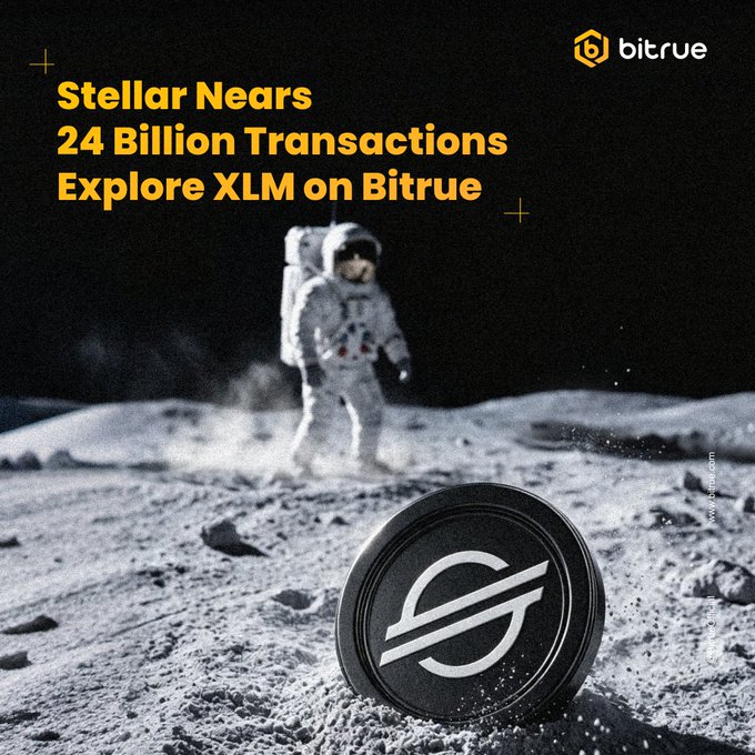 A promotional Bitrue image features an astronaut on a lunar surface with a large Stellar (XLM) coin in the foreground, alongside text announcing "Stellar Nears 24 Billion Transactions - Explore XLM on Bitrue," visually emphasizing the milestone highlighted in the accompanying post.