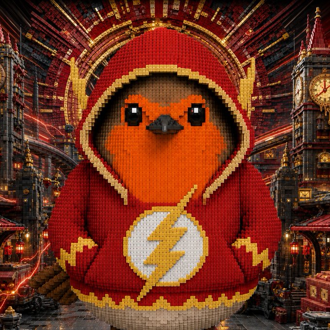 A LEGO-style rendering of a chubby bird in a red Flash superhero hoodie with a yellow lightning bolt emblem, set against a detailed steampunk cityscape with clock towers.