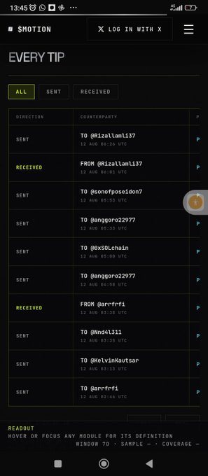 The image shows a mobile app screenshot for "$MOTION" displaying an "EVERY TIP" log with a list of sent and received tips to various users (including @RizalRamli37, @somofposeidon7, @anggara022977, @0xSOLChain, @arrfrri, @nndel311, and @KelvinKautsar) along with timestamps and UTC times, which relates to the post's instructions about collecting free tips from @tipmotion to earn $MOTION airdrop points.