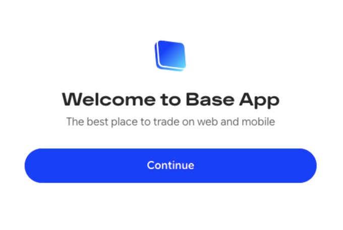 Welcome screen for the Base App displaying 'The best place to trade on web and mobile' with a blue Continue button.