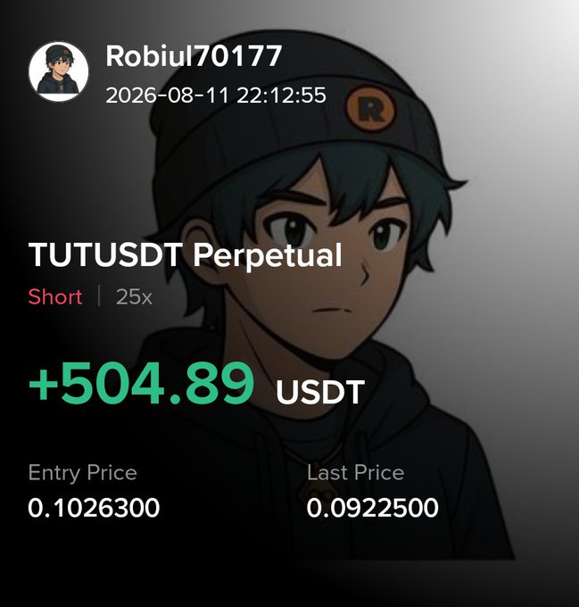 A trading screenshot showing a short position on TUTUSDT Perpetual with a 25x leverage and a profit of +504.89 USDT, displayed over an anime-style character background, with a username 'Robiul70177' and timestamp '2026-08-11 22:12:55'.