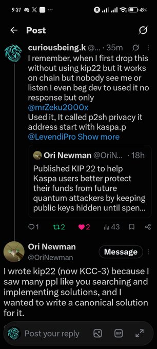 A screenshot of a X (Twitter) post by curiousbeing.k discussing KIP-22, p2sh privacy on Kaspa, and tagging @mrZeku2000x and @LevendiPro, with a quoted tweet by Ori Newman about quantum-resistant protection.