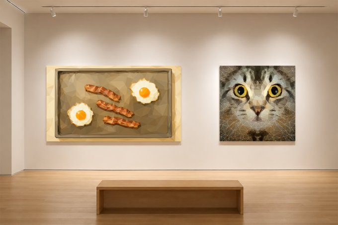 An art gallery interior with beige walls and track lighting, displaying two pieces of artwork: a low-poly geometric painting of bacon and eggs, and a low-poly portrait of a wildcat, with a wooden bench in the foreground.