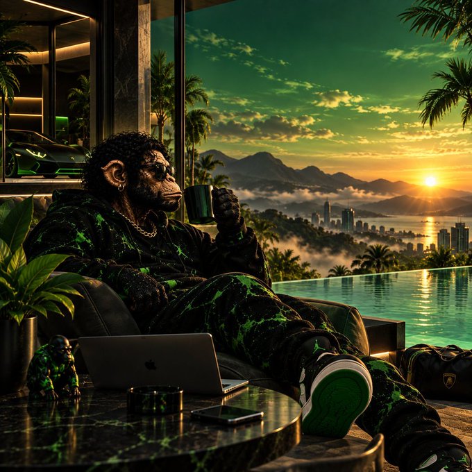 An anthropomorphic chimpanzee in a green-patterned tracksuit relaxes in a luxurious modern villa, holding a mug while a laptop sits open on the table, with a stunning sunset view over a coastal city and infinity pool in the background.