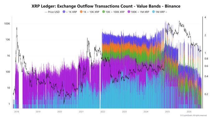 A stacked area chart titled "XRP Ledger: Exchange Outflow Transactions Count - Value Bands - Binance" tracks withdrawal transactions across five value tiers (1K, 1K–10K, 10K–100K, 100K–1M, and 1M+ XRP) from 2018 through 2026, with the overlaid black line showing XRP/USD price on a logarithmic scale. The chart visually supports the post's claim by showing that all colored bands—including the cyan sub-1K, purple mid-tier, and orange/whale tiers—simultaneously spike near the right edge, reaching record heights even as the price line sits around $1–2, well below its 2025 highs.