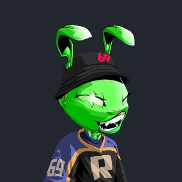 A 3D-rendered cartoon character with bright green skin, a mischievous grin, and green rabbit-like ears, wearing a black beanie with a red '69' logo and a blue and black sports jersey.