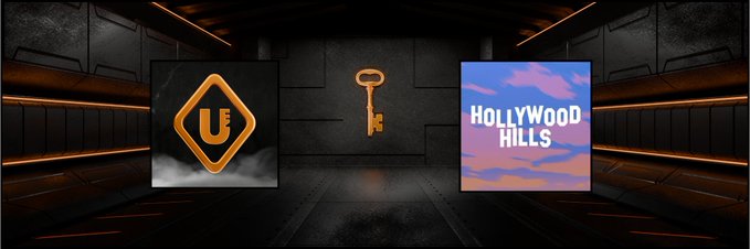 A graphic display features a Unreal Engine (UE) logo on the left, a golden key in the center, and a 'HOLLYWOOD HILLS' logo on the right, set against a dark industrial background.