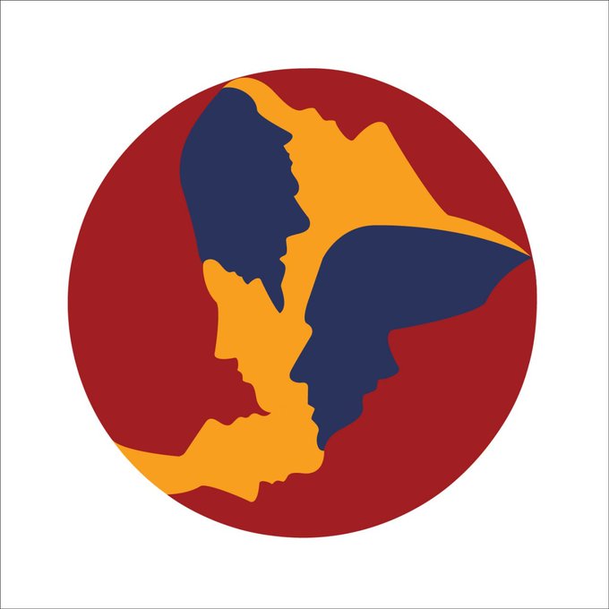 A circular NFT artwork featuring two stylized human profiles in dark blue and orange facing opposite directions, set against a deep red background. The minimalist, complementary design reflects the "gm" (good morning) greeting commonly shared in the NFT/crypto community.