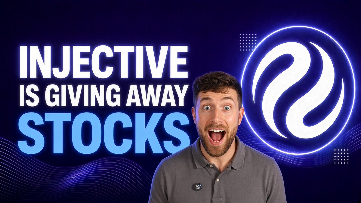 A YouTube thumbnail featuring a surprised-looking man in a gray polo shirt next to the Injective (INJ) logo, with bold text reading 'INJECTIVE IS GIVING AWAY STOCKS.'
