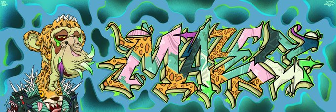 Colorful graffiti-style digital artwork featuring a leopard head and stylized bubble letters against a wavy teal background.