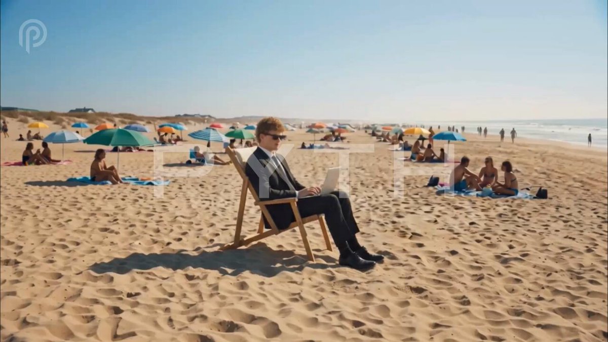 The image shows a man sitting in an empty beach chair, using his laptop while surrounded by several other people enjoying their time at the beach. The scene suggests that the man might be working or studying remotely despite being in a leisurely setting like a beach. This contrasts with the post's title "OoO is looking increasingly theoretical." It seems to imply that the man's activity of using his laptop on the beach represents an unconventional way of blending work and relaxation, which may be considered unusual by some people.