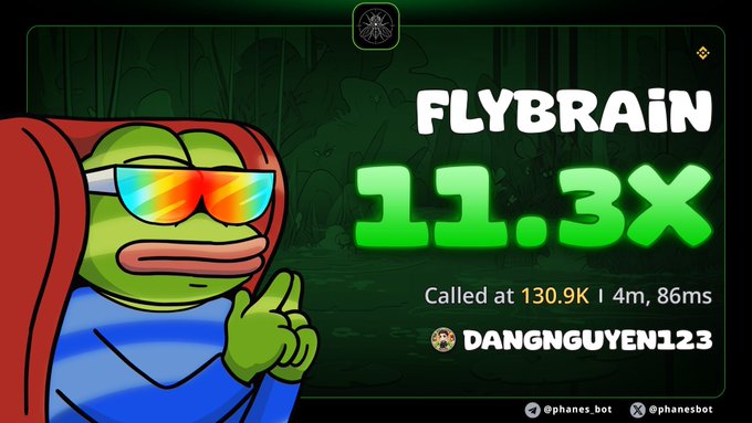 Gaming/crypto promotional image with a Pepe frog character wearing sunglasses, titled 'FLYBRAiN 11.3X Called at 130.9K | 4m, 86ms' by DANGNGUYEN123, with social handles @phanes.bot.
