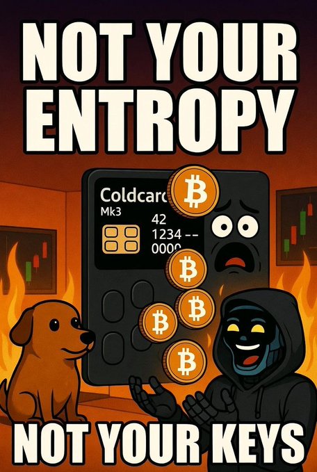 A stylized illustration features the text "NOT YOUR ENTROPY NOT YOUR KEYS" surrounding a Coldcard Mk3 hardware wallet device with partially visible seed words (42, 1234, 0000), surrounded by Bitcoin coins, a concerned hooded figure, a small dog, and flames in the background—visually playing on the popular Bitcoin self-custody mantra "not your keys, not your coins" to caution about the importance of true entropy when generating wallet seeds.