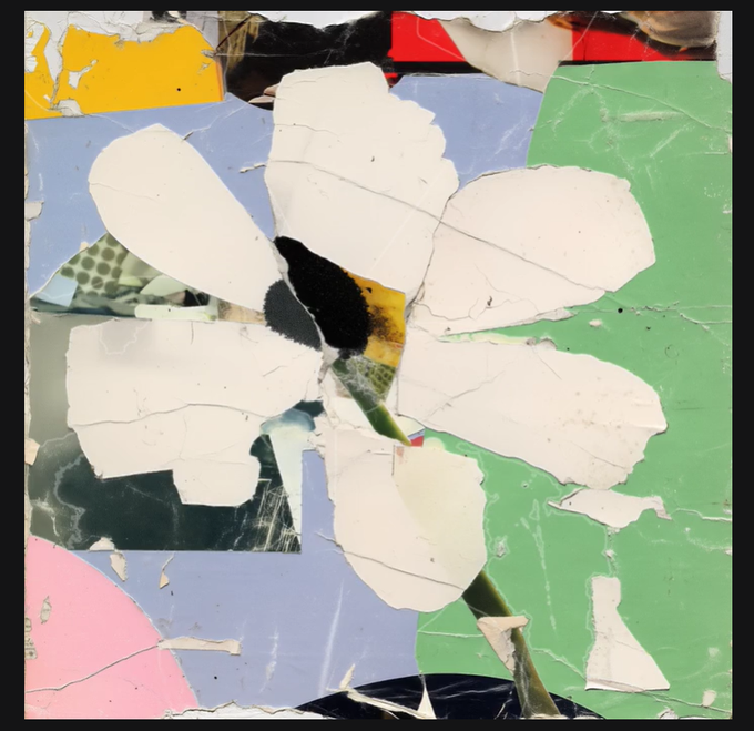 A collage-style mixed media artwork depicting a large white flower with a dark center against a backdrop of torn colorful paper fragments (blue, green, pink, yellow, and red). The piece appears to celebrate the artist's recent minting of a flower-themed NFT, with the layered, fragmented aesthetic visually echoing their mention of joining "the garden" as a new creator in the community.