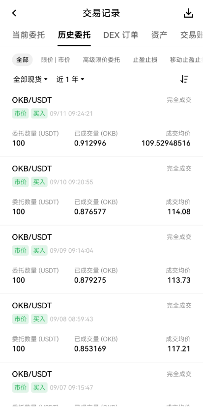 A mobile trading app screen showing transaction history (交易记录) with multiple completed OKB/USDT market buy (市价 买入) orders between 09/07 and 09/11, displaying quantities around 100 USDT filled at average prices ranging from ~109.52 to ~117.21.