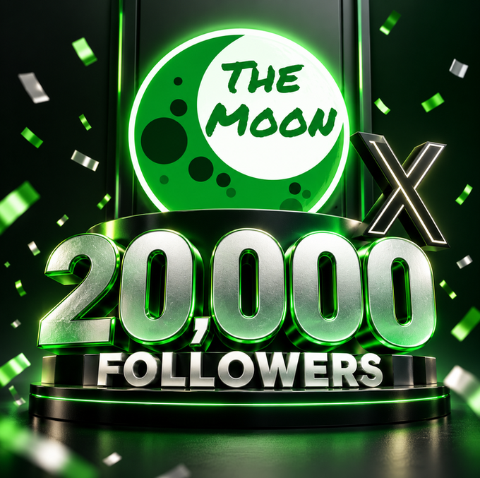 A celebratory 3D graphic marking "THE MOON" reaching "20,000 FOLLOWERS" with green metallic lettering, confetti, and an "X" badge, visually commemorating the milestone referenced in the post where the creator shouts out @TheMoonShow for their crypto coverage.