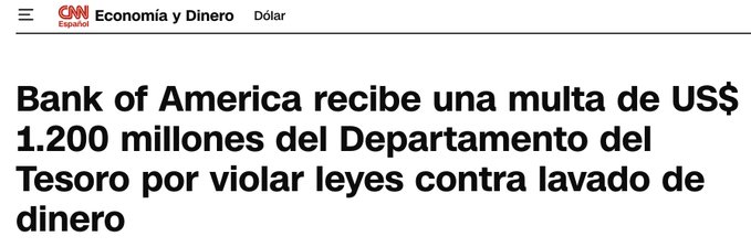 A CNN Español article headline announces that Bank of America has been fined US$1.2 billion by the U.S. Treasury Department for violating anti-money laundering laws. The accompanying post highlights the absurdity that the $1.2 billion penalty amounts to less than the profits Bank of America allegedly reaped from the fraud, sarcastically noting a "net profit" of $3.8 billion after the fine.