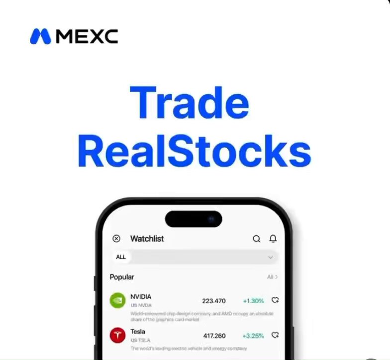 The image shows a cell phone screen displaying an app called "RealStocks" that provides information about stocks, including details of popular companies like Nintendo Wii and Nvidia, along with market updates for Bitcoin. The title "Trade RealStocks" is displayed on top of this information. It appears to be promoting a real-time stock trading platform instead of traditional stock exchange platforms where users have to deal with bank transfers and fiat deposits. The app seems to offer valuable insights into the current state of cryptocurrency markets, making it an interesting tool for those interested in crypto and stocks.