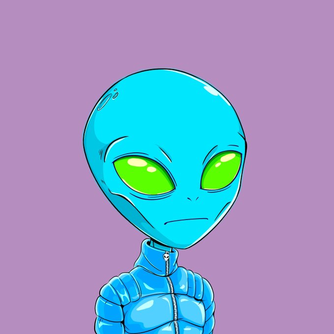 Digital illustration of a blue-skinned alien character with large green eyes wearing a blue puffer jacket against a purple background.