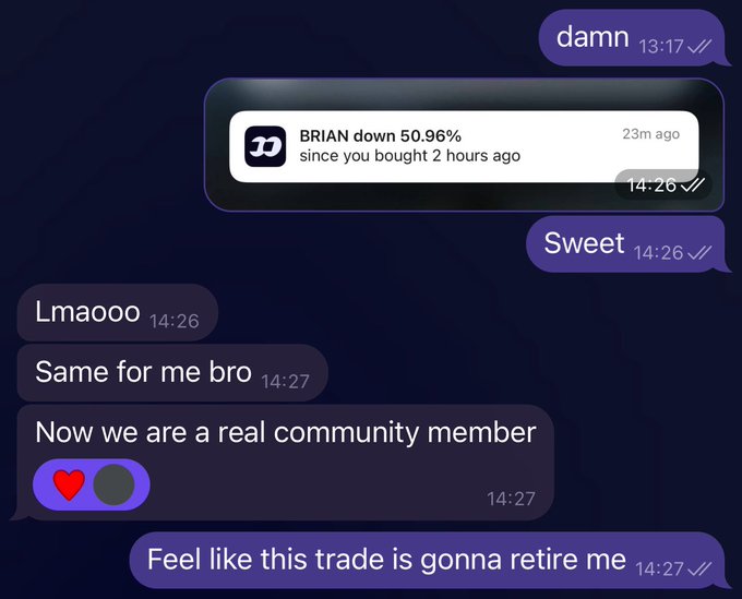A messaging chat showing a $BRIAN token down 50.96%, with friends joking about a trade that 'is gonna retire me.'