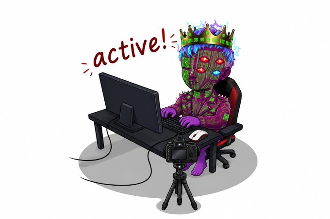 A digital illustration of a purple, multi-eyed cyborg-like figure wearing a crown, typing at a desktop computer setup with a camera on a tripod, accompanied by the red text "active!".