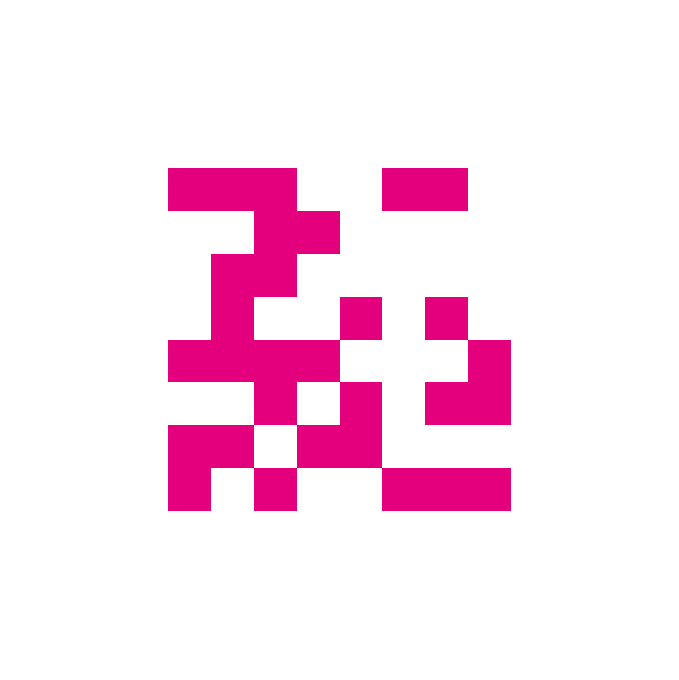 A pink pixelated logo or QR-code-like design composed of blocky squares on a light gray background.