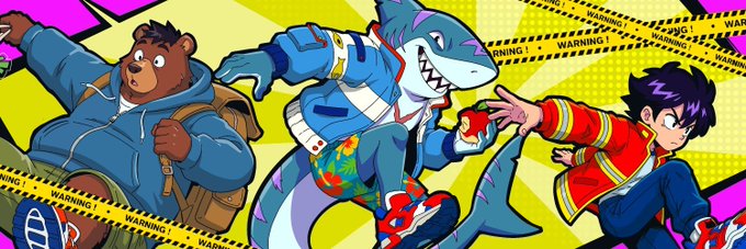 There are three cartoon sharks, a bear, and a person depicted in the image. They are all standing together against a background of yellow and pink colors. The shark is located near the top-left corner of the image, and the bear can be seen at the bottom left side, close to the center of the image. On the right side, there's a person also positioned near the center. A caption accompanying this image reads: "Still 8 hours left to join this giveaway fam Don'T miss it".