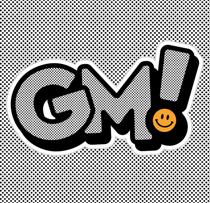 A graphic design featuring the text 'GM!' in large black bubble letters with a halftone pattern, accompanied by a yellow smiley face, on a black and white dotted background.