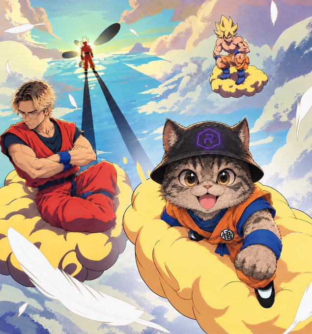 Anime-style artwork depicting Dragon Ball characters sitting on yellow clouds (Flying Nimbus) against a sky backdrop, including a humanized version and a cat wearing a Goku-style orange gi with a 'R' (Revolut logo) on its hat.